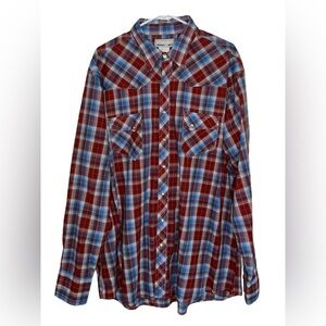 Wrangler Wrancher Pearl Snap Button Shirt Red Blue Plaid Mens Size 2XLT Western